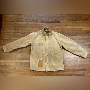 VTG Carhartt Chore Jacket Tan Blanket Lined Barn USA Union M Distressed Thrashed